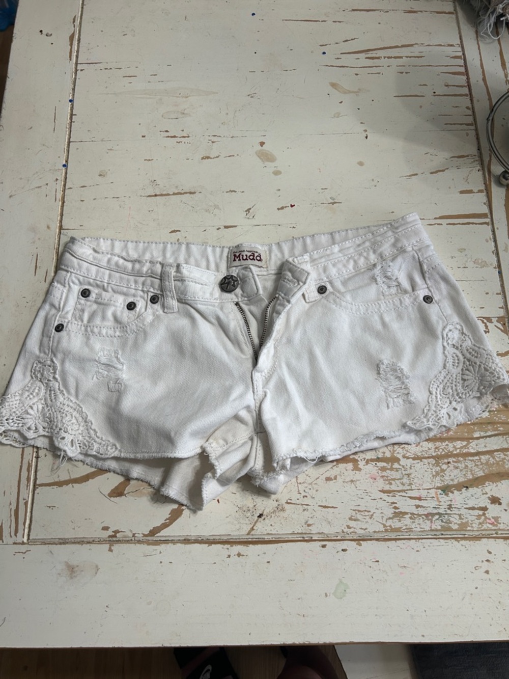 Mudd White Denim Lace-Trim Low-Rise Shorts